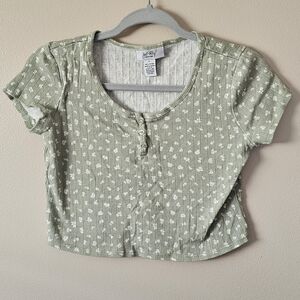 Just Polly Size L Green Floral Cropped T-Shirt